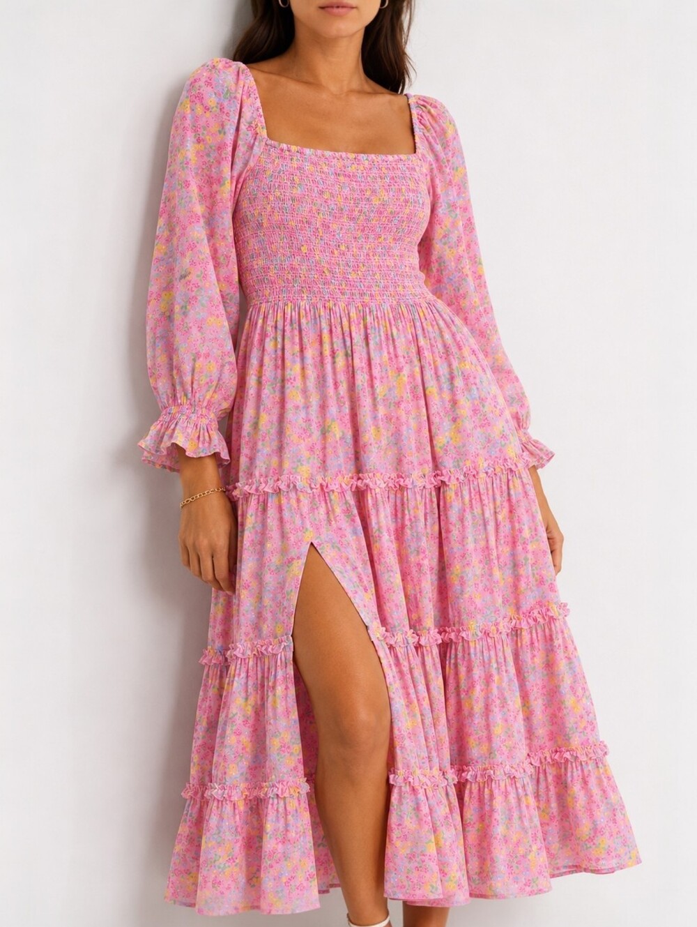 LoveShackFancy Capri Pink Floral Smocked Midi Dress Puff Sleeve Tiered Slit M